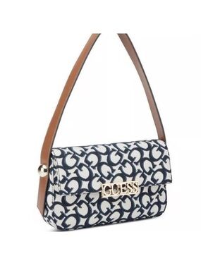 GUESS Navy & White Monogram Shoulder Bag with Brown Strap
